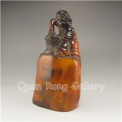 Chinese Ox Horn Statue w Arhat