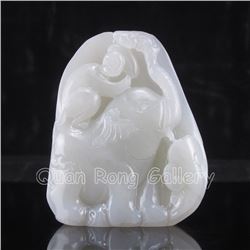 Chinese Hetian Jade Pendant w Elephant & Monkey