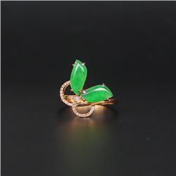 18K Gold Inlay Natural Green Jadeite Diamond Ring w Certificate