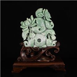 Superb Natural Jadeite/Jade Statue w Carp & Lotus Flower