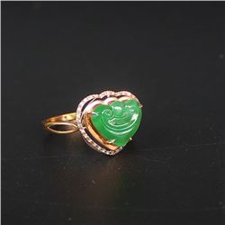 18K Gold Inlay Natural Green Jadeite Diamond Heart Shaped Ruyi Ring w Certificate