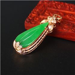 18K Gold Inlay Natural Jadeite Diamond Pendant w Gold Chain & Certificate