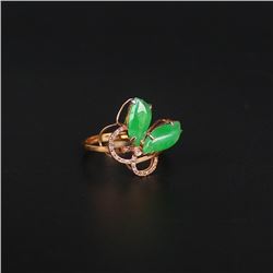 18K Gold Inlay Natural Green Jadeite Diamond Ring w Certificate