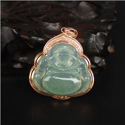 18K Gold Inlay Natural Jadeite Diamond Laughing Buddha Pendant w Certificate