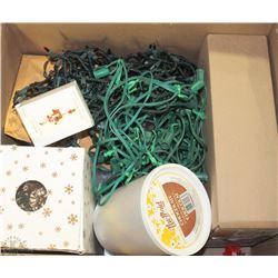 BOX OF CHRISTMAS DECORATIONS INCLUDING LIGHTS