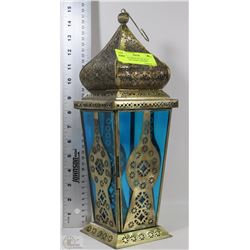 HANGING BRASS WITHE BLUE GLASS TEA LIGHT LANTERN