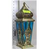 Image 1 : HANGING BRASS WITHE BLUE GLASS TEA LIGHT LANTERN