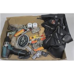 FLAT OF COLLECTIBLE LIGHTERS+CAP GUN/BELT BUCKLES