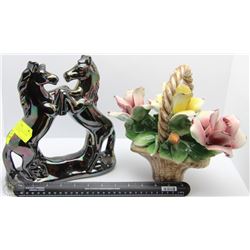 HORSE AND FLOWER PORCELAIN HAND CRAFTED BASKET