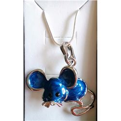 SILVER TONE & BLUE ENAMEL MOUSE PENDANT