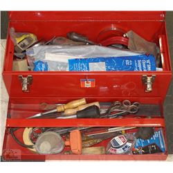 RED TOOL BOX FILLED WITH TOOLS AND ACCESSORIES