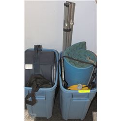 2 BINS OF CAMPING SUPPLIES, INCL FOAM, COOLER,