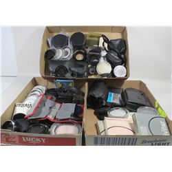 3 FLATS OF CAMERA ACCESSORIES- FILTERS, LENSES,
