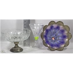 RAISED FOOTED GLASS CANDY BOWL+CRYSTAL VASE+