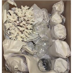 BOX OF WINE GLASSES AND A CORAL CENTERPIECE
