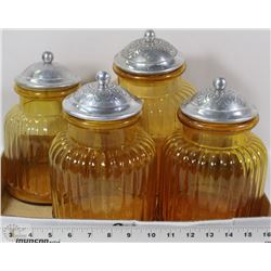SET OF FOUR VINTAGE GLASS AND SILVER CANISTERS