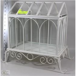 VINTAGE WROUGHT IRON AND GLASS DISPLAY (HINGED TOP