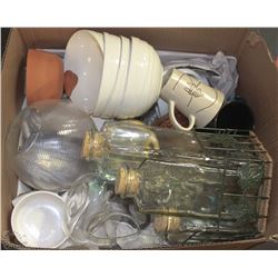 BOX OF VARIOUS KITCHEN DISHES, VASES AND, MORE