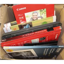 BOX OF VARIOUS PRINTER PAPER, PAPER CUTTER AND,