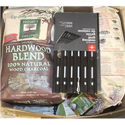 BOX OF BBQ CHARCOAL AND OTHER BBQ SUPPLIES