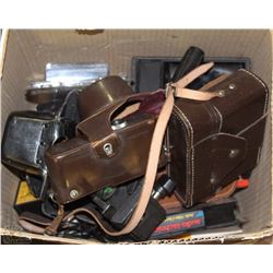 BOX OF VINTAGE CAMERA EQUIPMENT AND CAMERA BAGS