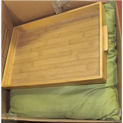 BOX OF THROW PILLOWS AND A SERVING TRAY