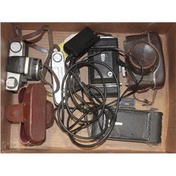 BOX OF VINTAGE CAMERAS, SOME WITH CASES