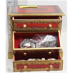 WOODEN JEWELRY BOX FULL OF VINTAGE/FASHION