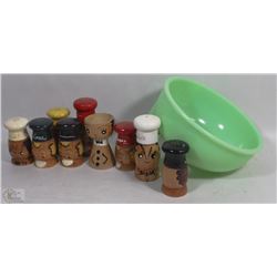 ANTIQUE JADEITE ATTACHMENT & MULTIPLE WOODEN SALT