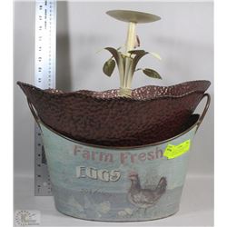 TWO METAL CONTAINERS & ONE METAL CANDLE HOLDER