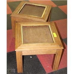SET OF SOLID WOOD END TABLES WITH WICKER DESIGN
