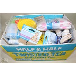 BOX WITH BRAND NEW BABY ITEMS INCL BLANKETS, SOCKS