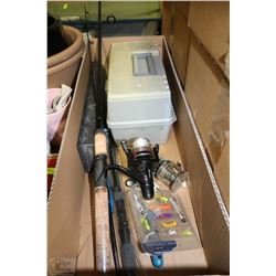 BOX W/FISHING RODS, REELS, TACKLE BOX AND