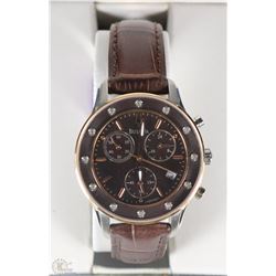 #45)WOMENS BULOVA GOLD/DIAMONDS WATCH W/BROWN