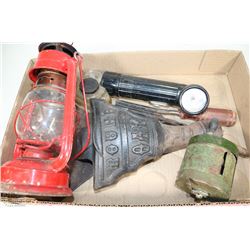 FLAT WITH HURRICANE LANTERN & MISC VINTAGE ITEMS
