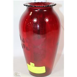 ETCHED FLOWER CRANBERRY GLASS VASE