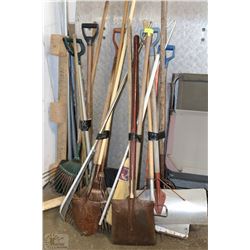 LARGE ASSORTMENT OF GARDEN TOOLS, BROOMS, ETC.