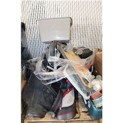 PALLET OF JUNK WITH GOLF CLUBS,TIRE CHAINS,TOOLS