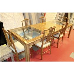 VINTAGE WOOD AND GLASSTOP KITCHEN TABLE WITH 2