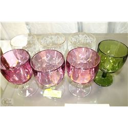 VINTAGE ETCHED STEMMED GLASSWARE. 3 ROSE, 1 GREEN