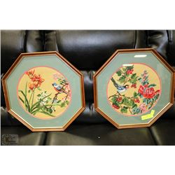 TWO OCTAGON NEEDLE POINT PICTURES OF BIRDS