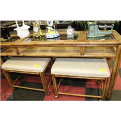 GLASSTOP SOFA TABLE WITH 2 STOOLS