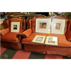 SOLID WOOD TRIM ORANGE LOVE SEAT AND CHAIR