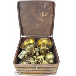 WOODEN BOX WITH BRASS DECOR INCL BELLS AND MORE