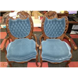2 CARVED WOODEN BLUE VELVET CHAIRS