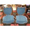 Image 1 : 2 CARVED WOODEN BLUE VELVET CHAIRS