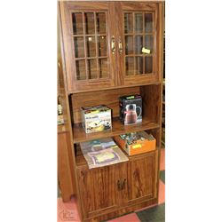 VINTAGE WOOD TONE AND GLASS 4 DOOR CABINET