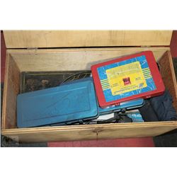 LOCKABLE WOODEN TOOL CRATE FILLED WITH ASSORTED
