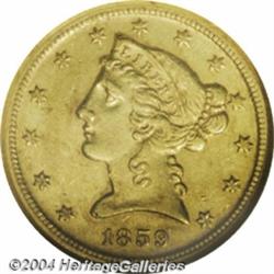 1859-D $5 Medium D AU55 NGC.