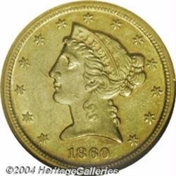 1860-D $5 AU58 NGC.